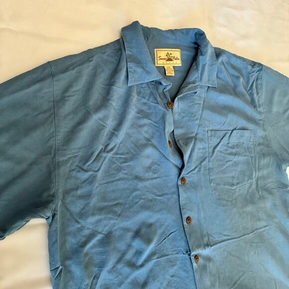 Seven Palm Brand Men’s Cobalt Blue 100% Silk Button Shirt US L Wood Button - Picture 2 of 10